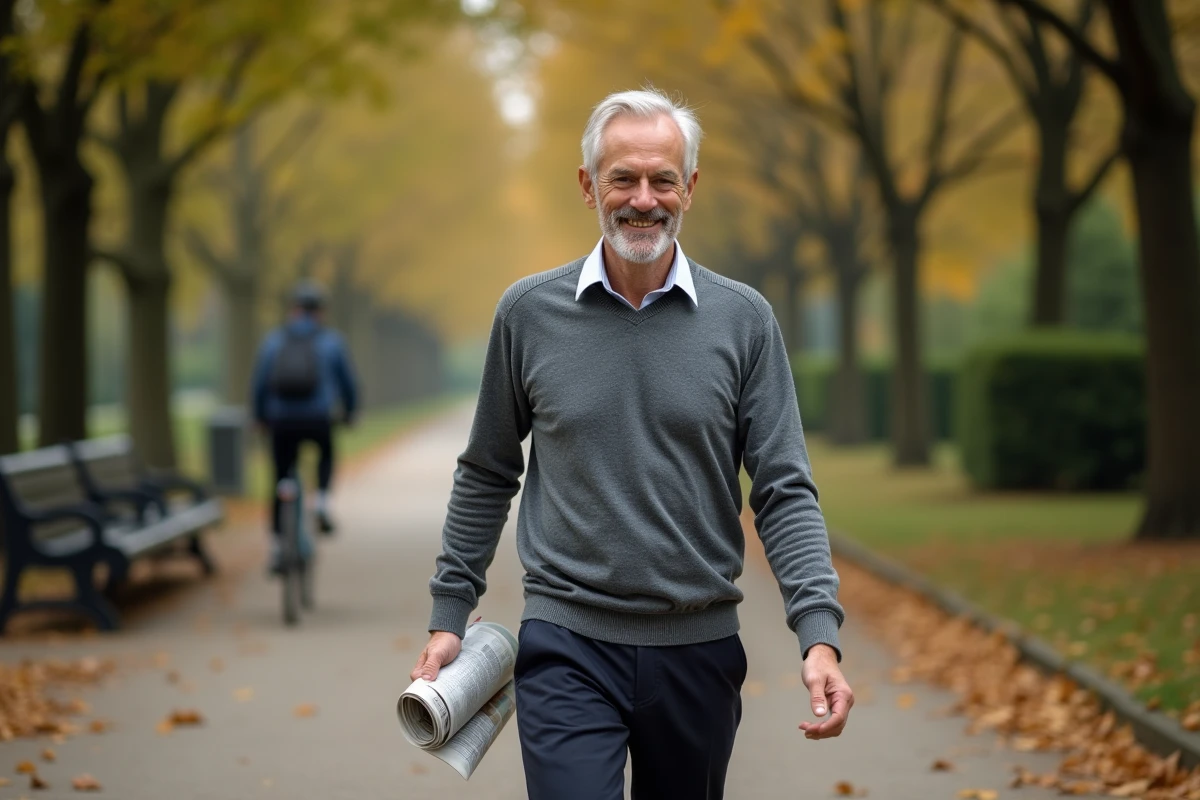 Homme aux cheveux argentés se promenant dans un parc urbain français en automne avec journal sous le bras