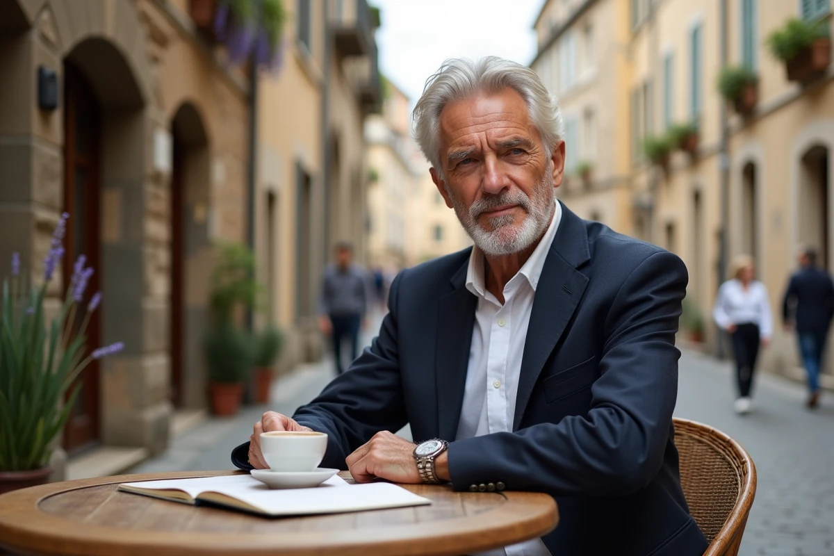 Homme élégant assis en terrasse de café dans une ville du sud de la France avec carnet et espresso