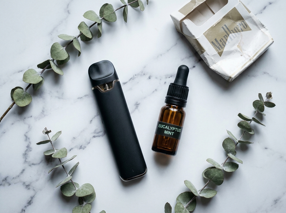 Cigarette électronique et e-liquide posés sur marbre blanc en alternative à la cigarette classique