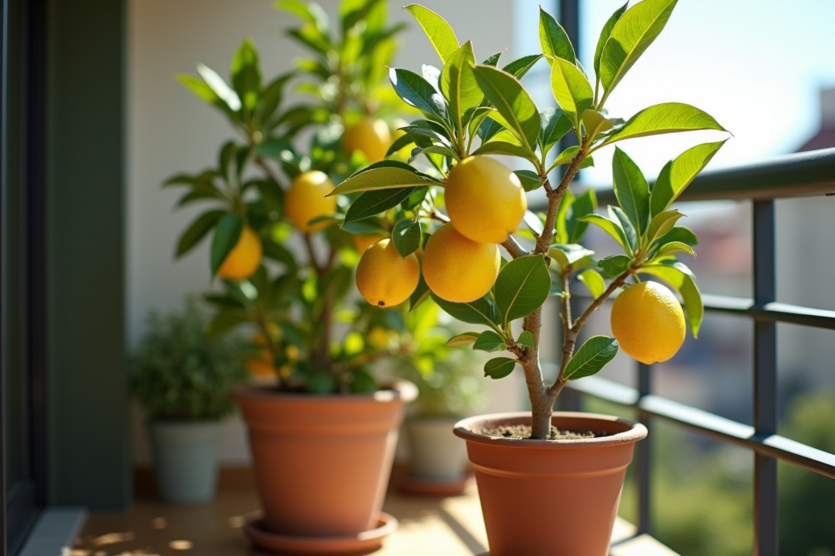 Citronnier en pot sur un balcon ensoleille avec feuilles vertes et jaunes