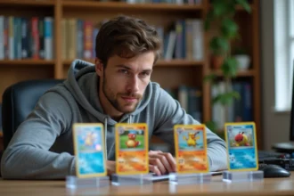 Collectionneur de cartes Pokémon Aventures Ensemble examinant ses meilleures cartes dans des protège-cartes acryliques transparents sur un bureau en bois