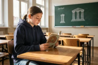 Collégienne lisant une fiche de lecture sur le mythe du Labyrinthe et du Minotaure dans une salle de classe