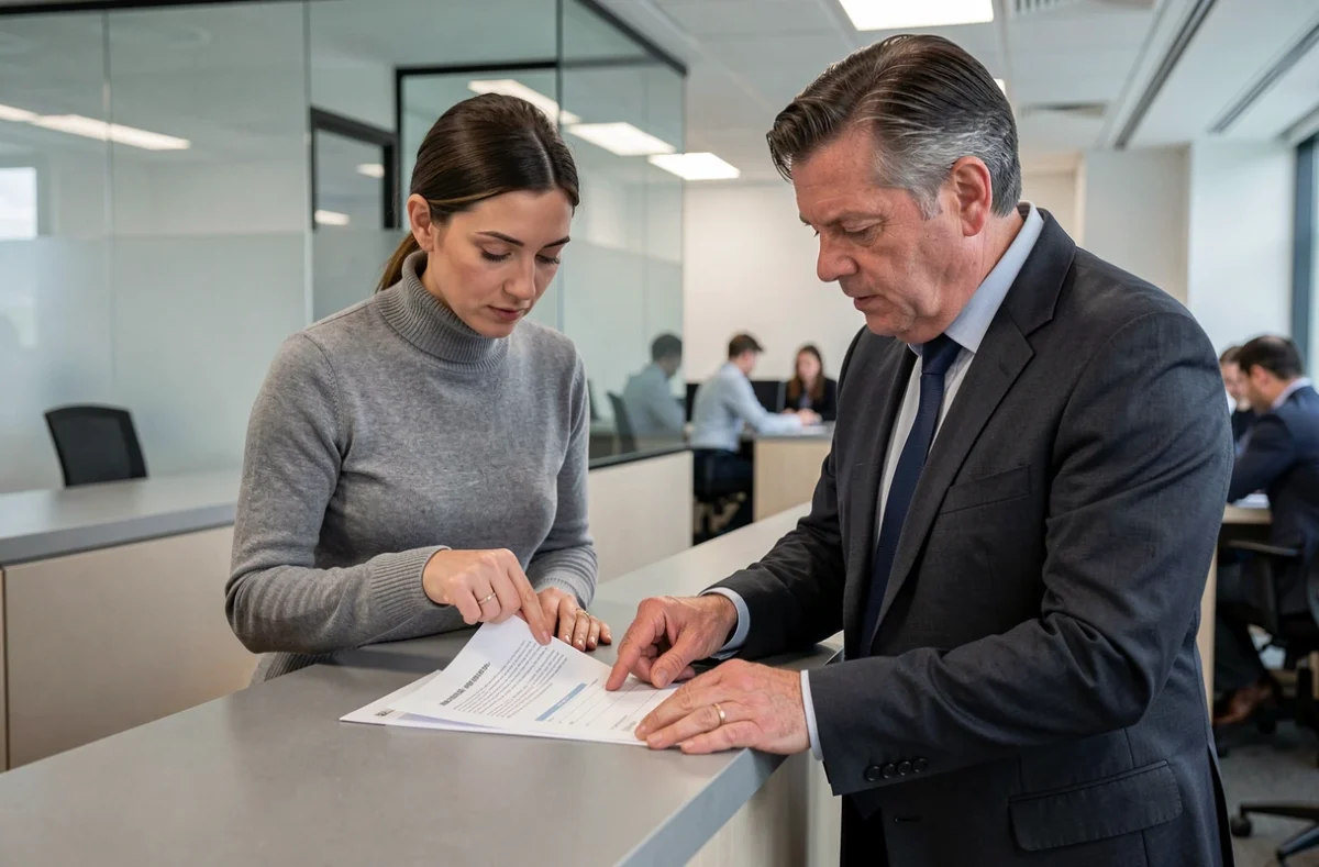 Deux collègues examinant ensemble un courrier administratif officiel au bureau, soulignant l'importance des formules de politesse correctes dans les lettres urgentes