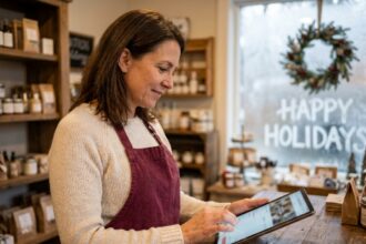 Commerçante mettant à jour ses horaires de Noël sur une tablette dans sa boutique décorée pour les fêtes