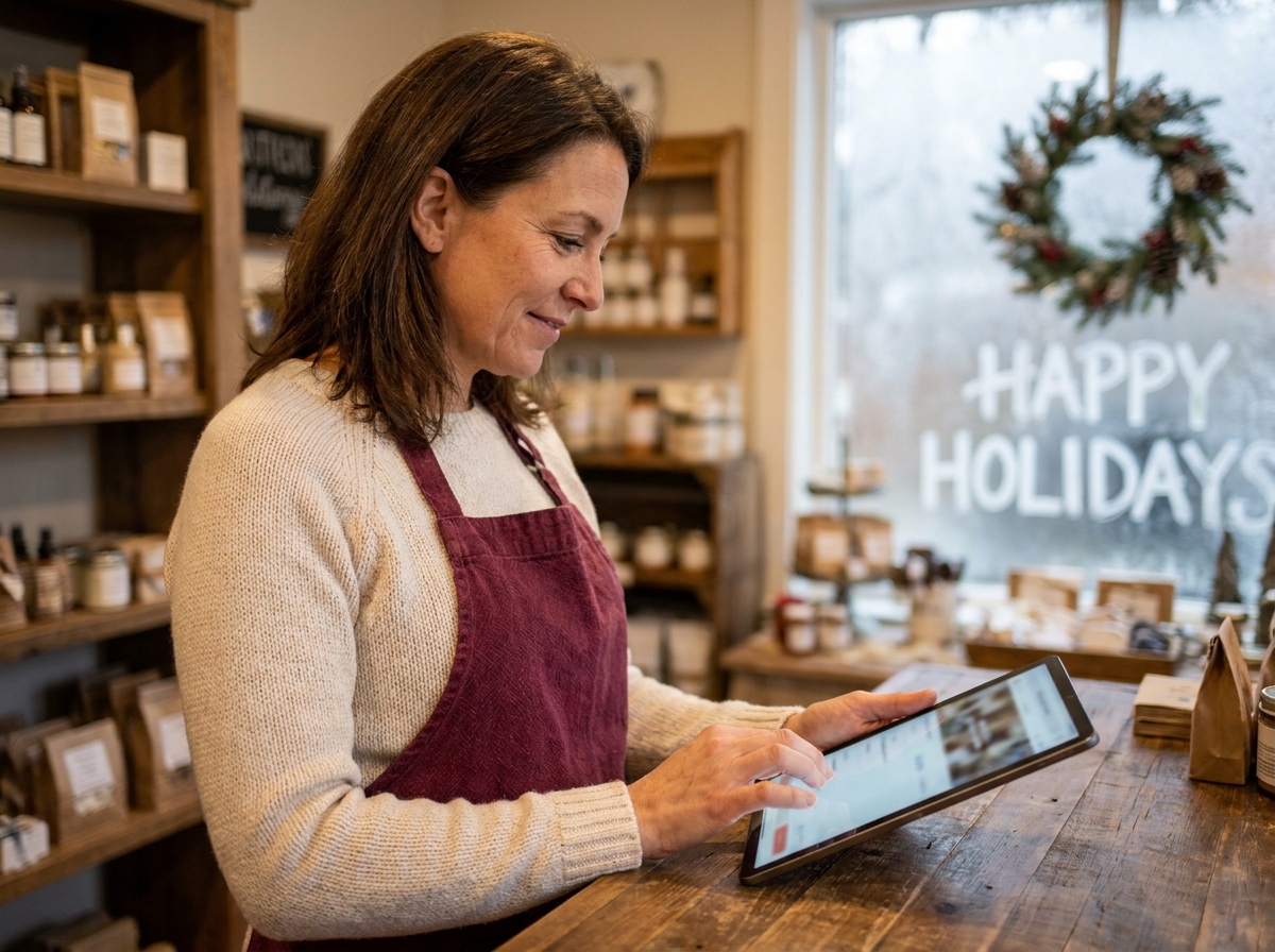 Commerçante mettant à jour ses horaires de Noël sur une tablette dans sa boutique décorée pour les fêtes