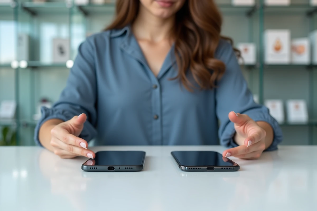 Femme comparant un iPhone 14 reconditionné et un modèle neuf dans une boutique de revente d'électronique