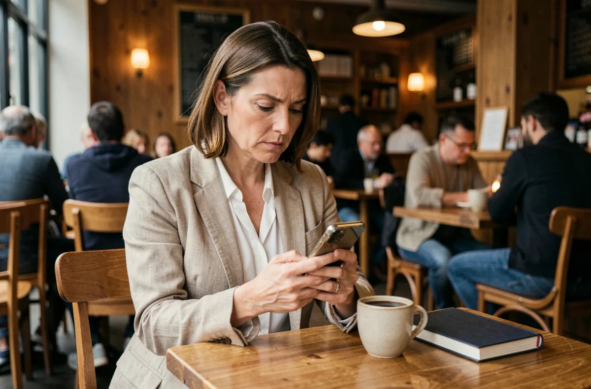 Femme consultant sa messagerie vocale Free dans un café public, protégeant ses communications privées