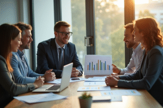 Conseiller financier discutant avec jeunes professionnels dans un bureau lumineux