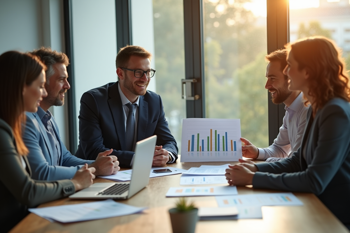 Conseiller financier discutant avec jeunes professionnels dans un bureau lumineux