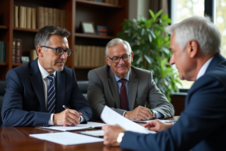Conseiller financier en costume bleu avec couple dans un bureau élégant