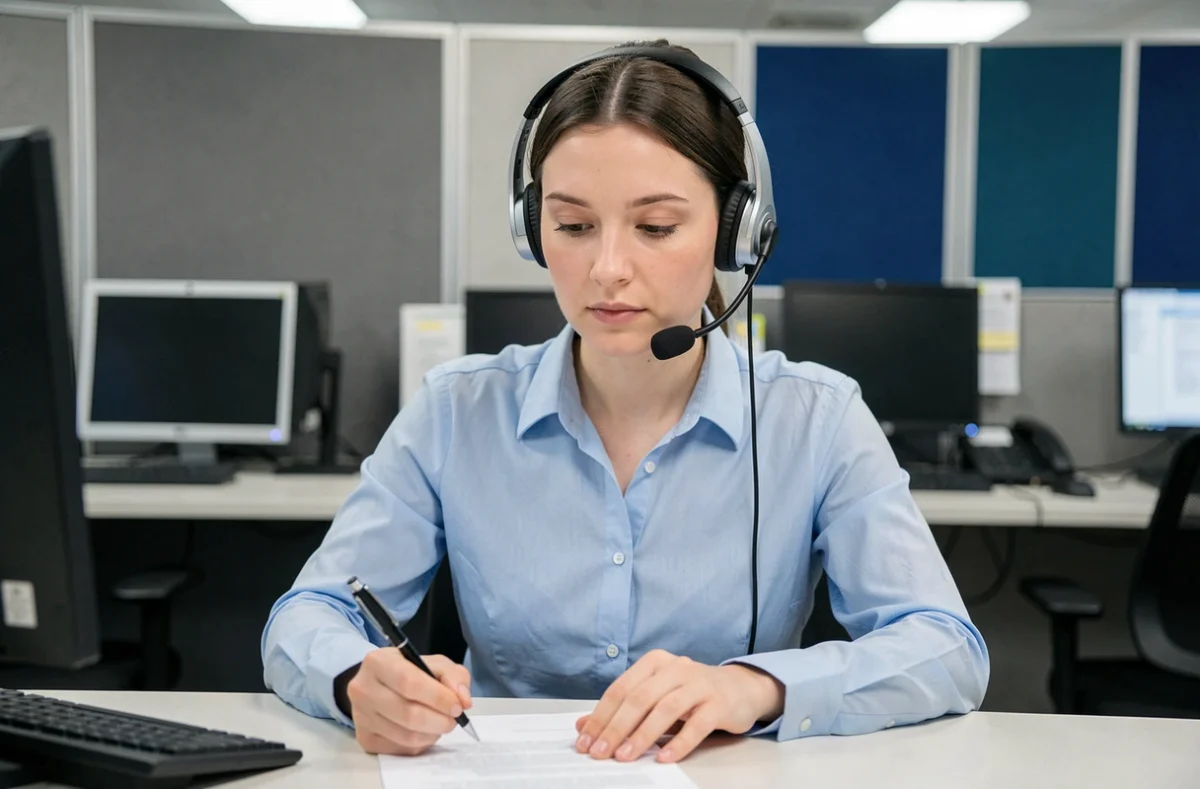 Conseillère en centre d'appels consultant un script de réponse après un raccrochage