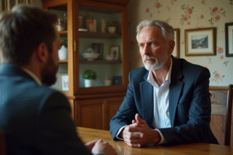 Homme d'âge moyen en blazer bleu et jeune homme en discussion