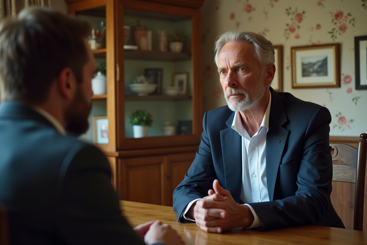 Homme d'âge moyen en blazer bleu et jeune homme en discussion