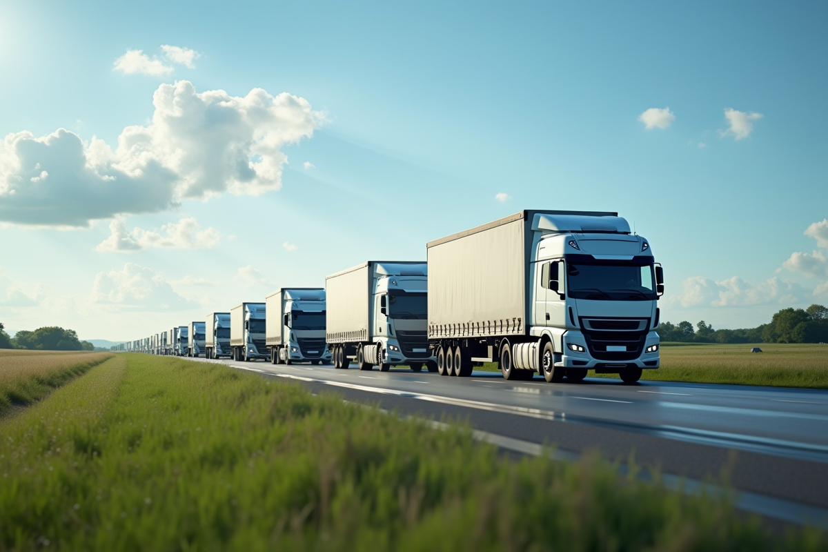 Convoi de camions de 26 tonnes sur une route en campagne en plein jour