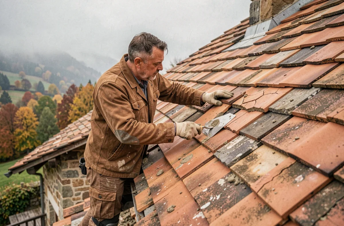 Artisan de Copep's Charpente Couverture remplaçant des tuiles en terre cuite sur une maison de village en Isère