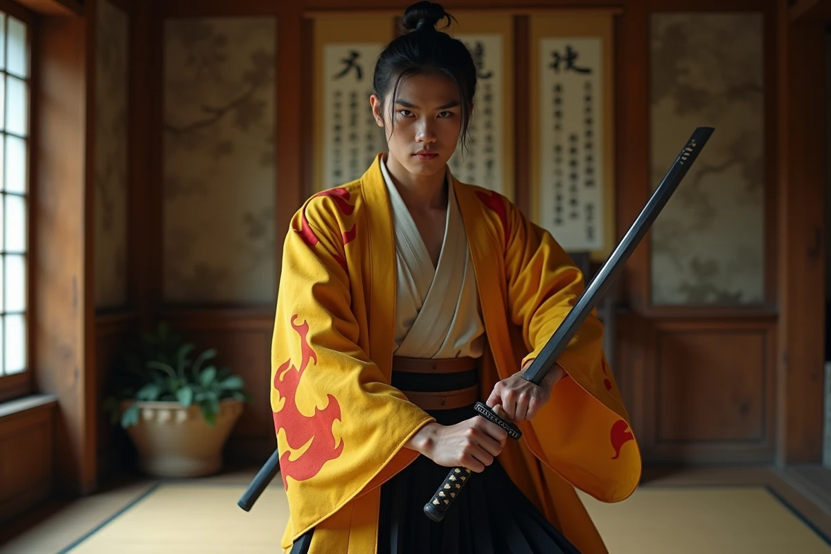 Cosplayeur adulte en haori aux motifs de flamme tenant un katana en position iai dans un dojo traditionnel japonais en bois, évoquant le personnage de Rengoku