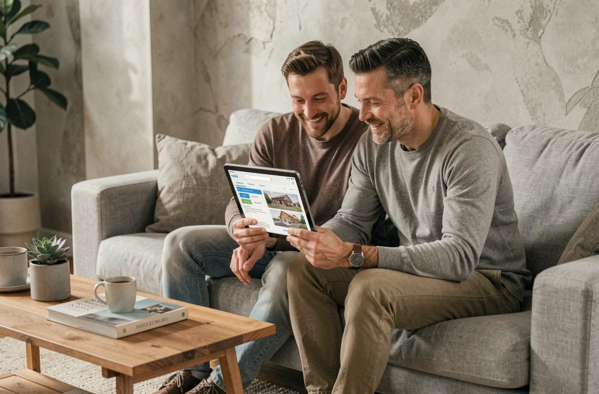 Couple consultant un site de conseils maison et budget sur une tablette dans un salon moderne
