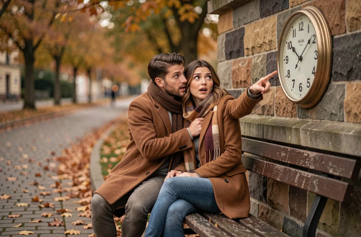 Couple découvrant ensemble l'heure miroir 22h22 sur une horloge dans un parc en automne, évoquant la synchronicité amoureuse
