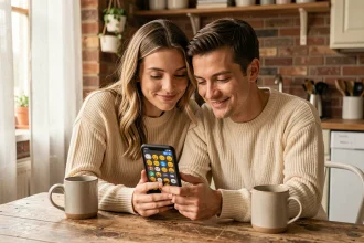 Couple souriant ensemble autour d'un smartphone affichant des emojis d'amour dans une cuisine cosy au décor authentique
