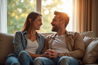 Couple souriant assis sur un canapé lumineux dans un salon