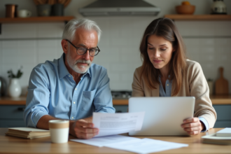 Couple d'adultes examinant des documents fiscaux à la cuisine