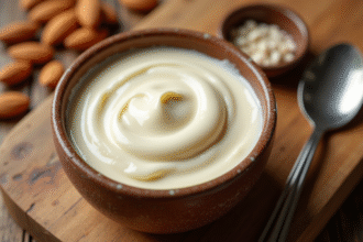 Crème d'amandes crémeuse dans un bol en céramique rustique