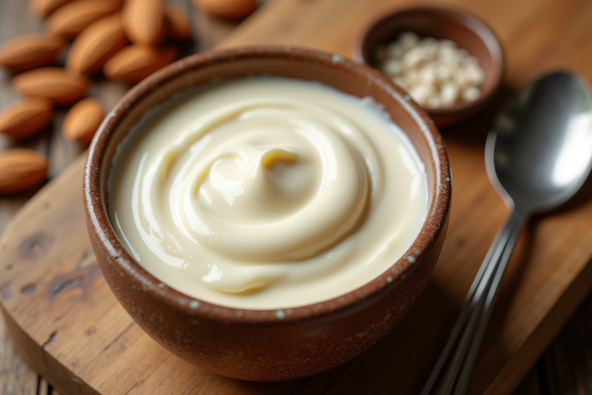 Crème d'amandes crémeuse dans un bol en céramique rustique