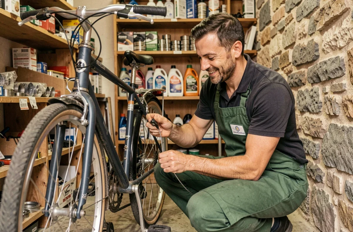 Mécanicien de Cycle du Coin réparant un vélo de ville dans un petit atelier de quartier