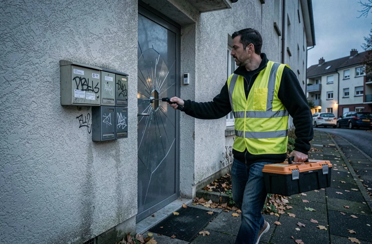 Serrurier Dépann'Sécu 92 intervenant en urgence sur une porte endommagée d'un immeuble à Colombes