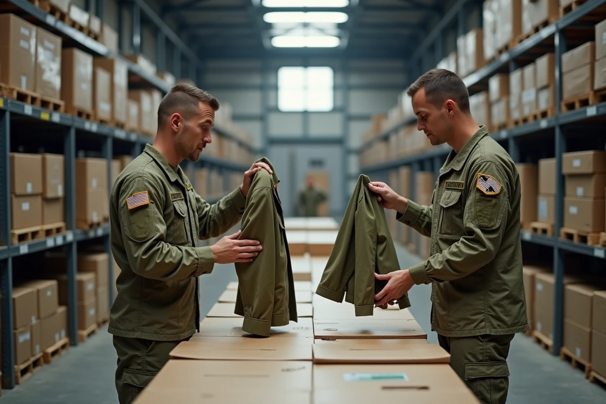 Deux soldats comparant des uniformes militaires dans un dépôt d'habillement régimentaire