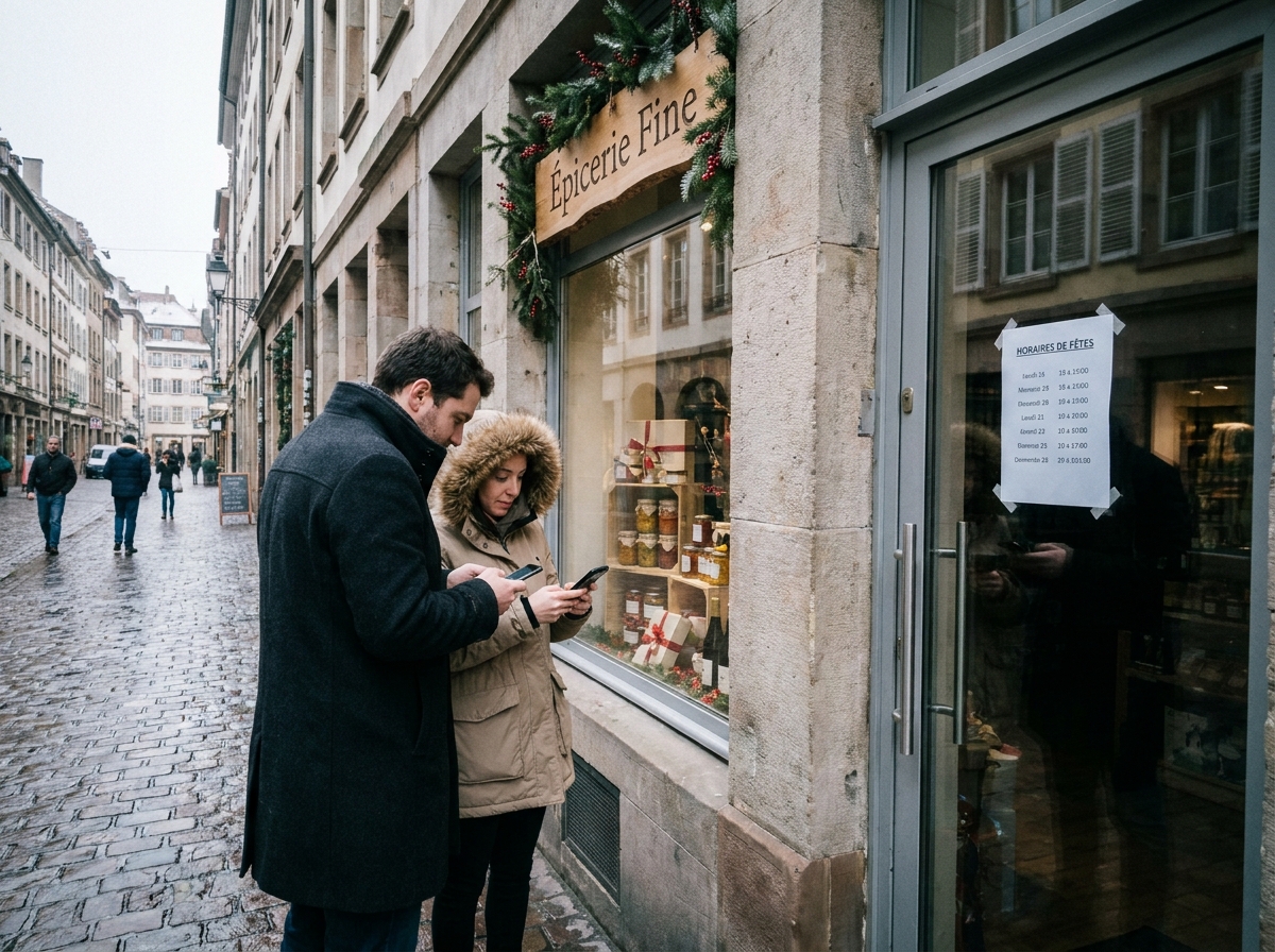 Devanture de commerce affichant ses horaires de Noël avec des passants consultant leur téléphone en rue