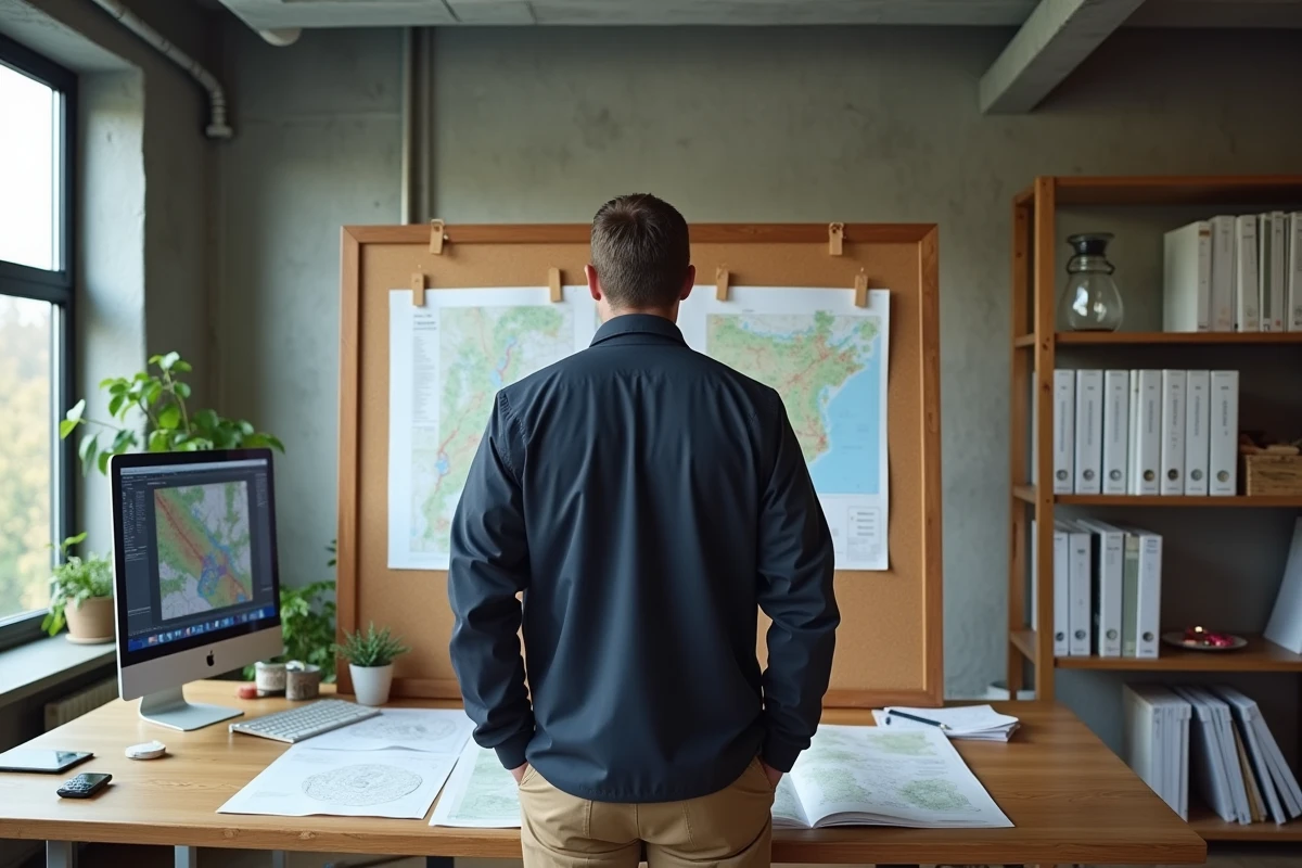 Écologue en bureau d'études analysant des cartes d'impact écologique dans un environnement de travail moderne