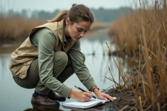 Écologue femme sur le terrain analysant la végétation aquatique dans une zone humide avec un carnet de terrain