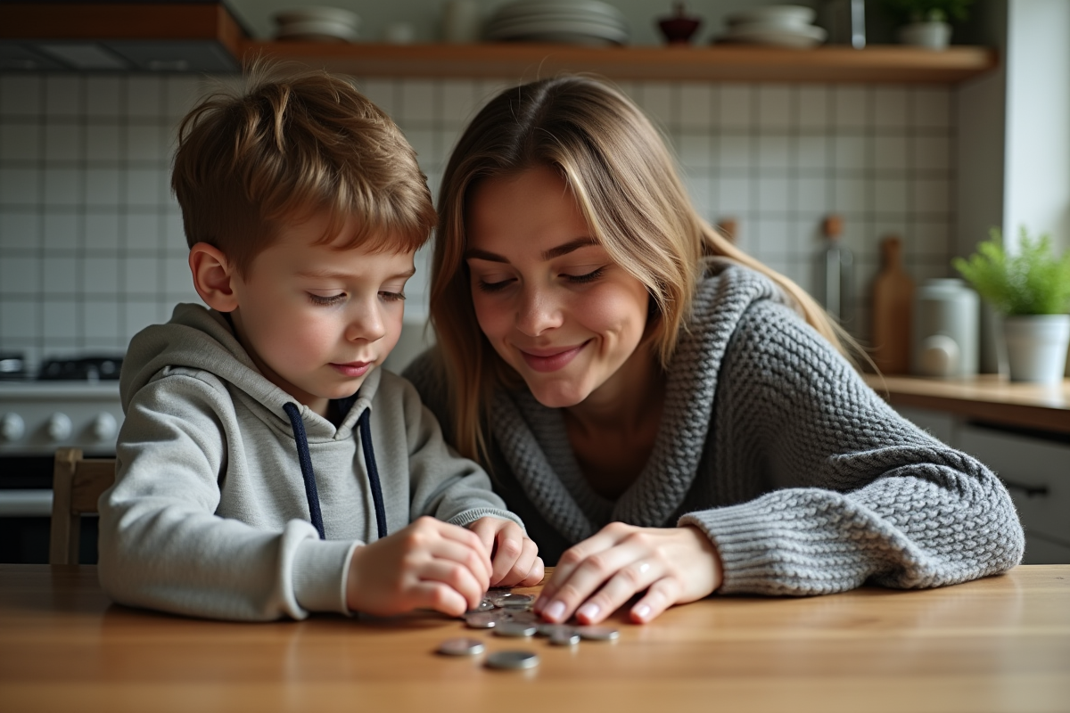 Garçon comptant des pièces avec sa mère dans la cuisine