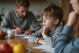 Garçon pensif avec famille dans la cuisine
