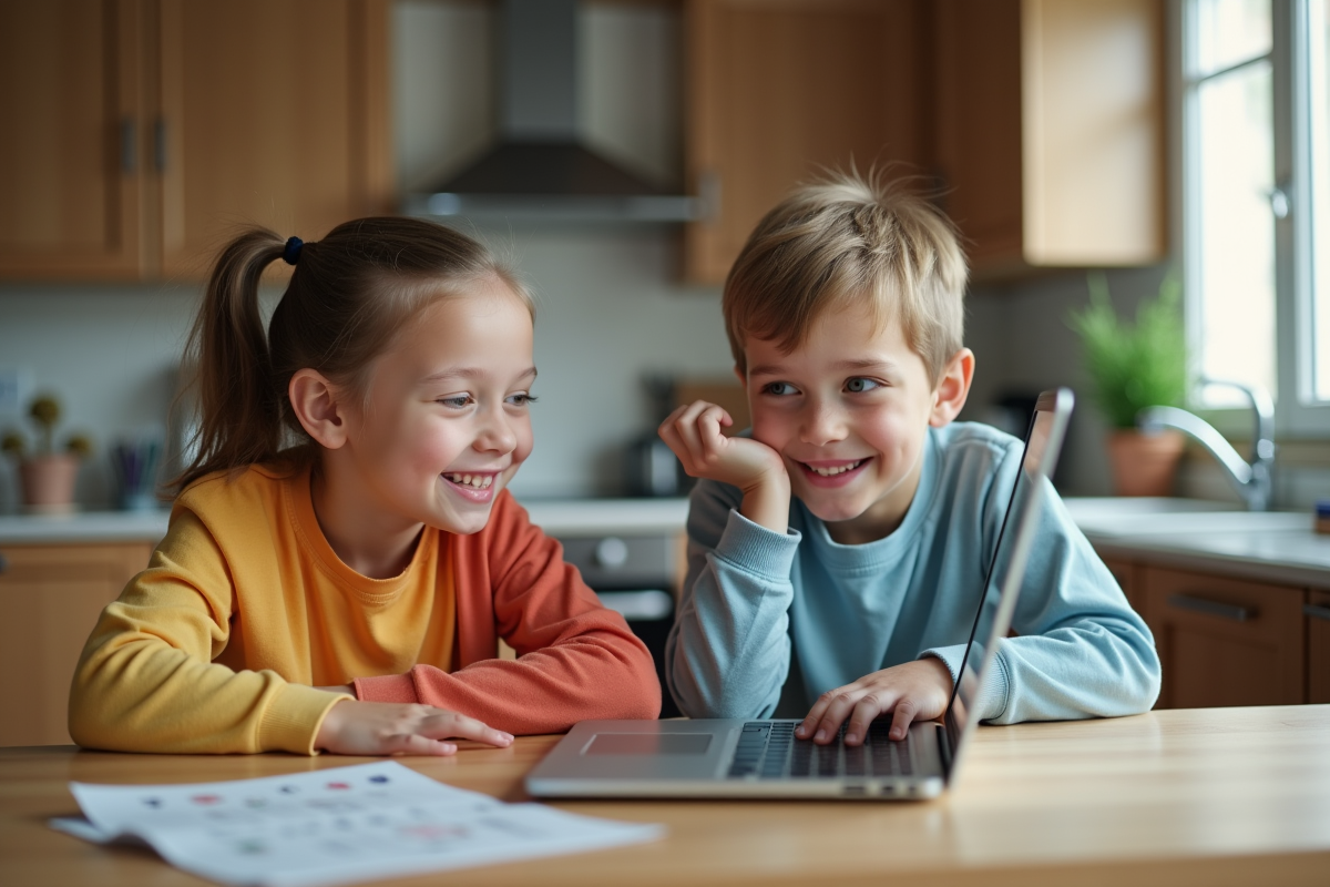 Deux enfants souriants apprennent le codage à la maison