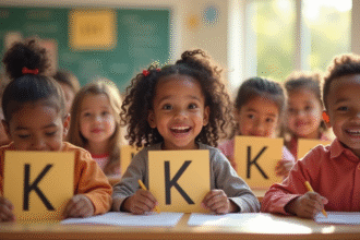 Groupe d'enfants ethniques dans une classe lumineuse avec cartes nom commençant par K