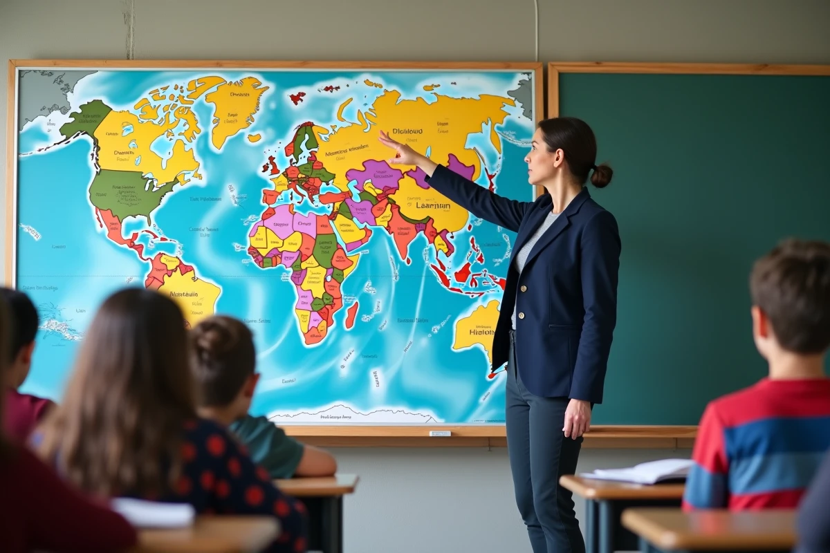 Enseignante indiquant les grands pays sur une carte politique du monde dans une salle de classe moderne