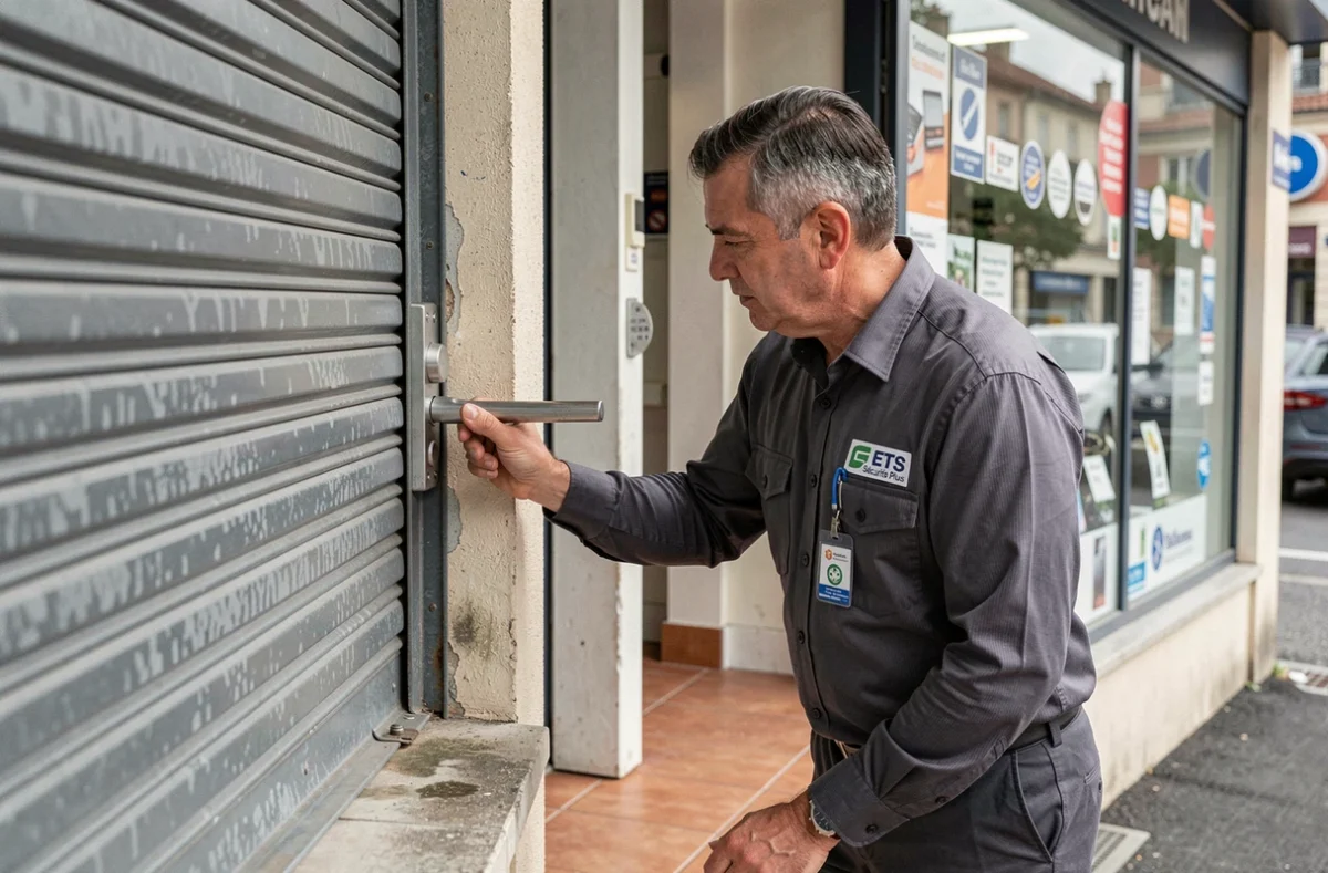 Technicien ETS Sécurité Plus inspectant les serrures et le cadre de porte d'un commerce à Colombes