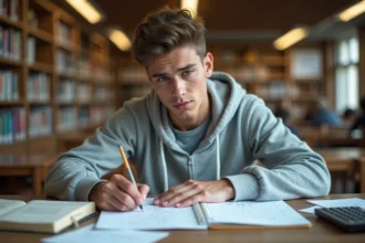 Étudiant en physique résolvant des exercices de calcul de champ électrique sur du papier millimétré dans une bibliothèque universitaire