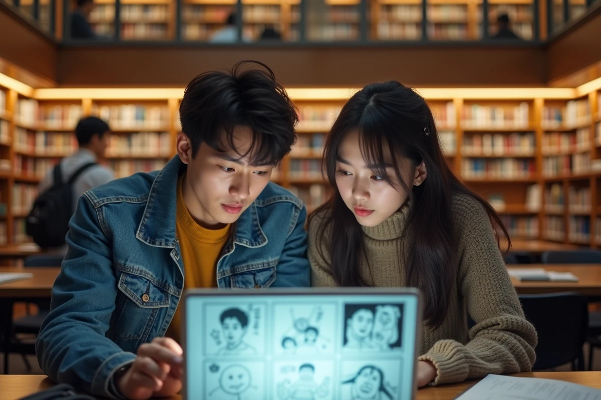 Deux étudiants découvrant ensemble le scan One Piece 1139 VF sur un ordinateur en bibliothèque