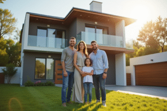 Famille moderne devant leur maison neuve en plein jour