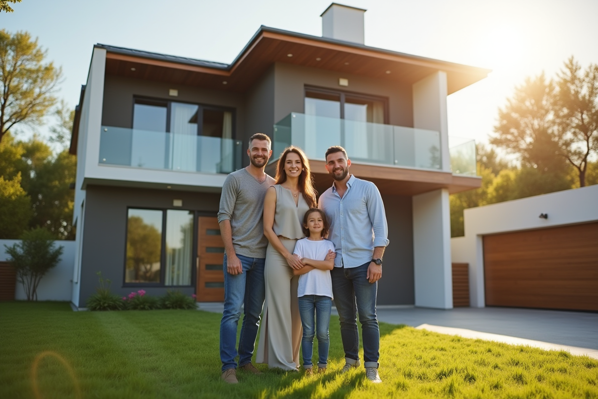 Famille moderne devant leur maison neuve en plein jour