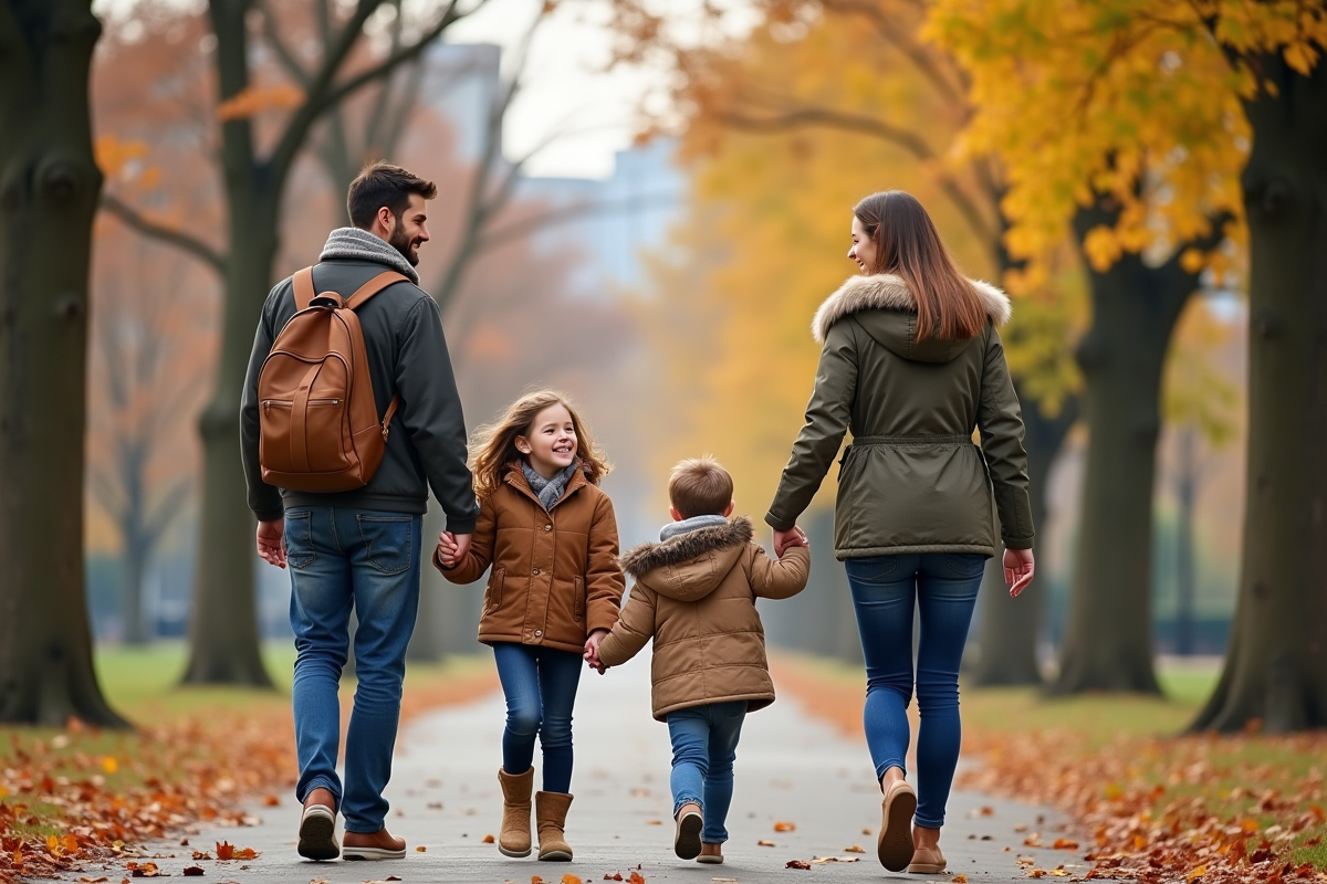 Famille marchant dans un parc en automne