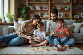 Famille française relaxant dans un salon moderne