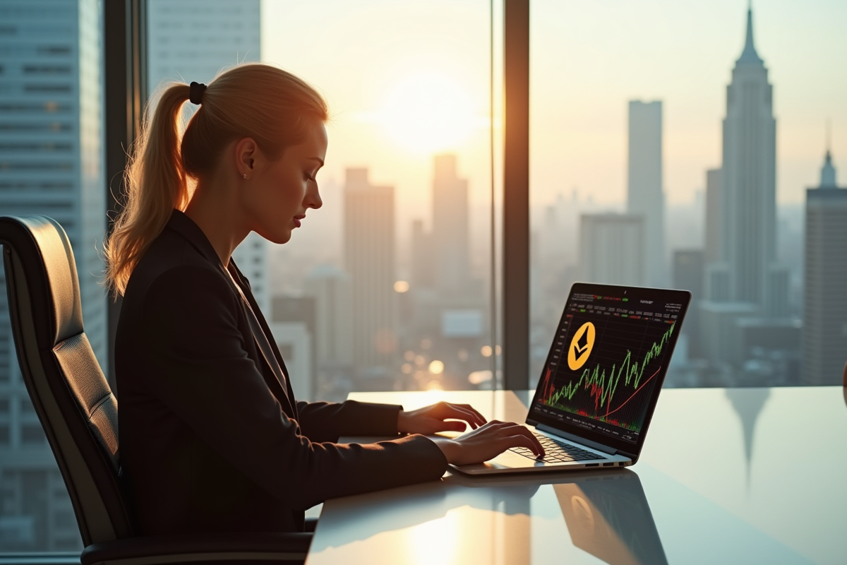 Femme d'affaires confiante analysant des graphiques ETH