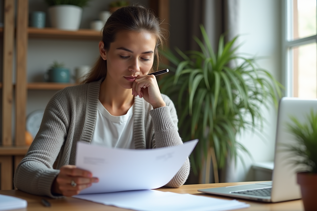 Femme d'affaires en bureau moderne examine documents