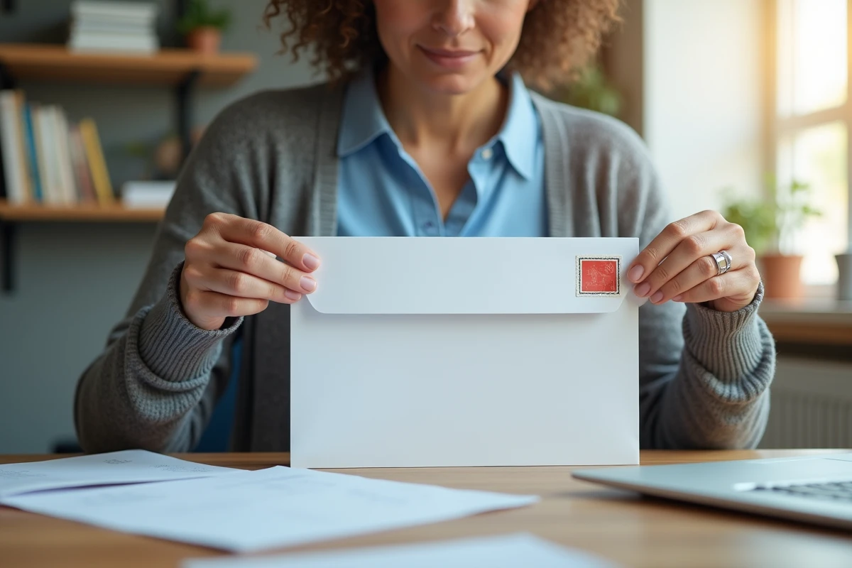 Femme collant un timbre sur une enveloppe dans un bureau lumineux