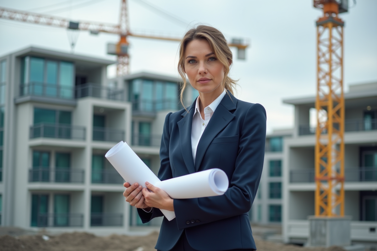 Femme architecte en costume navy avec plans devant un immeuble en construction