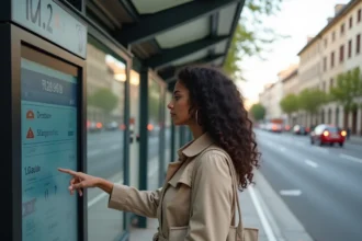 Femme consultant l'affichage en temps réel des horaires de bus à un arrêt moderne de Lyon